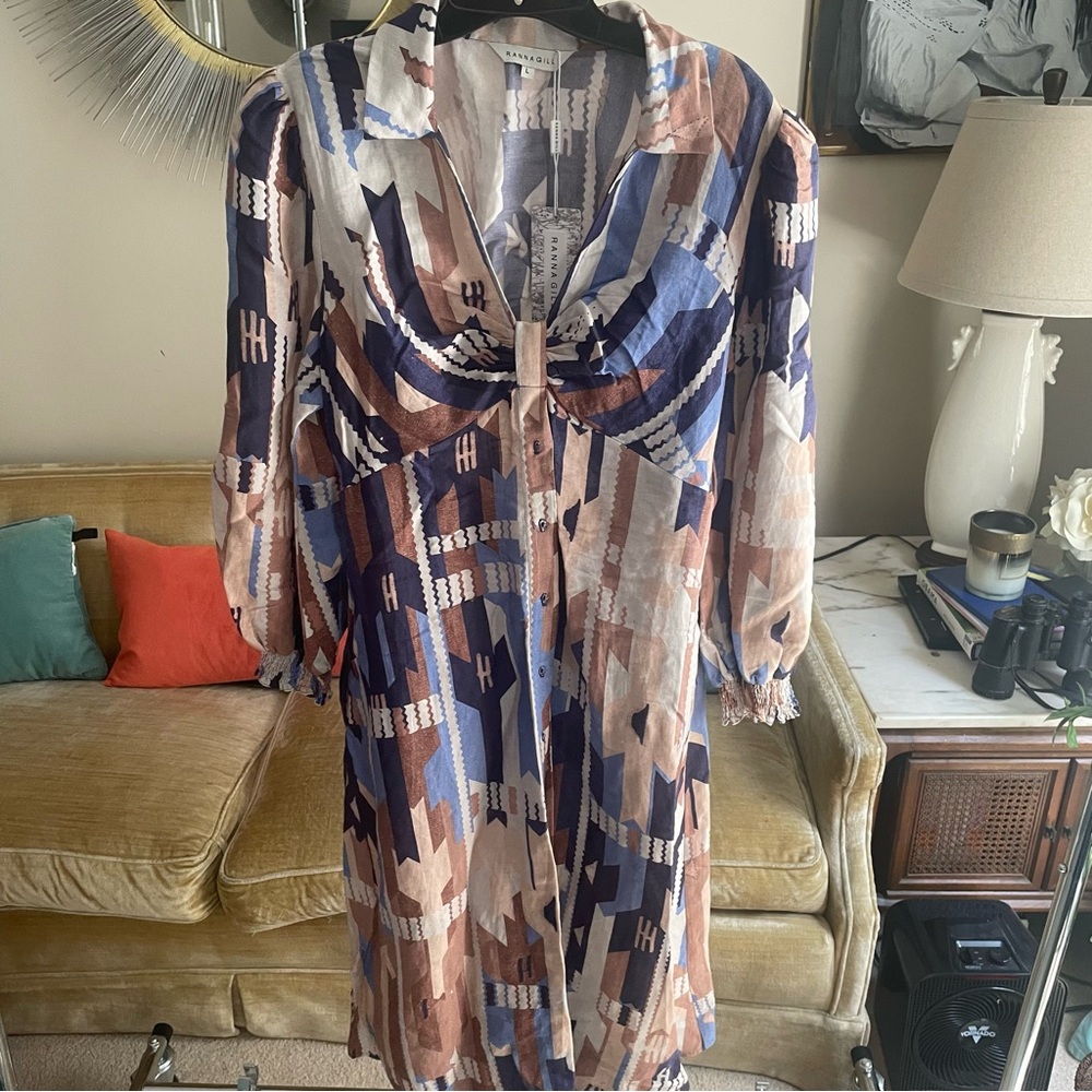 Ranna Gil blue cream print linen midi dress Size Large NEW! New with tags!